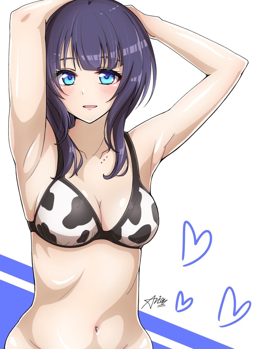 1girl, adjusting_hair, animal_print, arm_over_head, arms_behind_head, arms_up, artist_name, asaka_karin