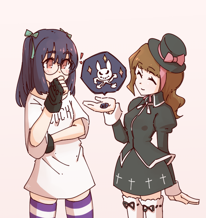 !, 2girls, badge, black_headwear, bow, clenched_hand, closed_eyes, clothes_writing