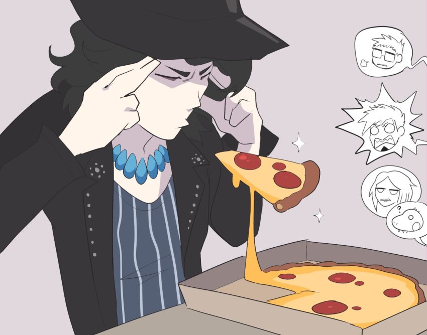 1girl, 3boys, ?, ayano_(ntwewy), black_coat, black_headwear, blue_shirt, closed_eyes