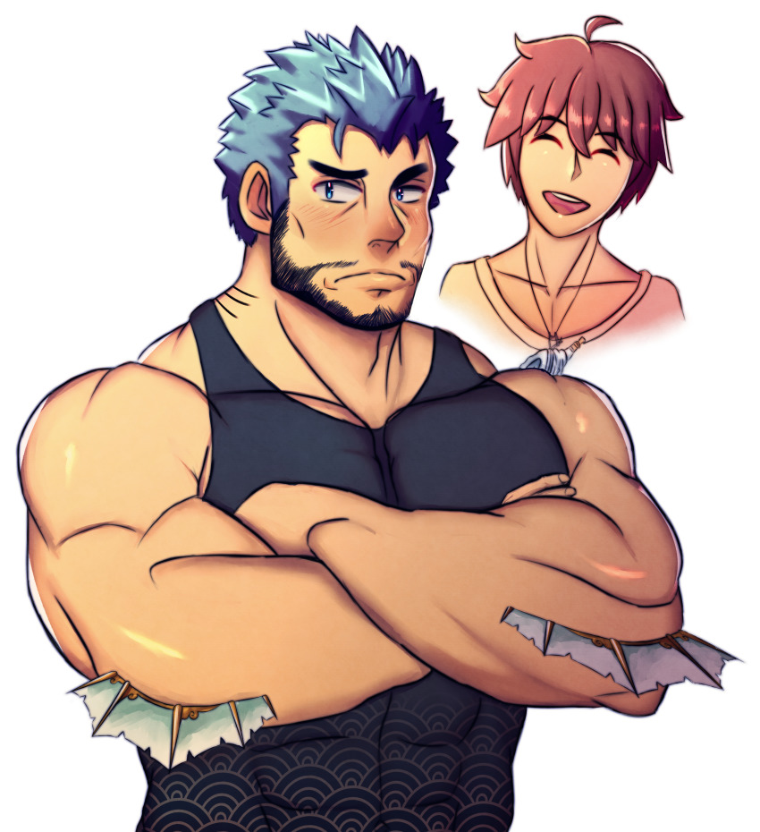 2boys, absurdres, alternate_facial_hair, bara, bare_shoulders, beard, black_tank_top, blue_eyes, blue_hair, blush, covered_abs, crossed_arms, embarrassed, eros_(erosterone), facial_hair, fins, fish_boy, highres, huge_filesize, male_focus, mature_male, multiple_boys, muscular, muscular_male, pectorals, protagonist_4_(housamo), shirt, short_hair, sideburns, smile, tank_top, tight_clothes, tight_shirt, tokyo_houkago_summoners, triton_(housamo), upper_body, yaoi