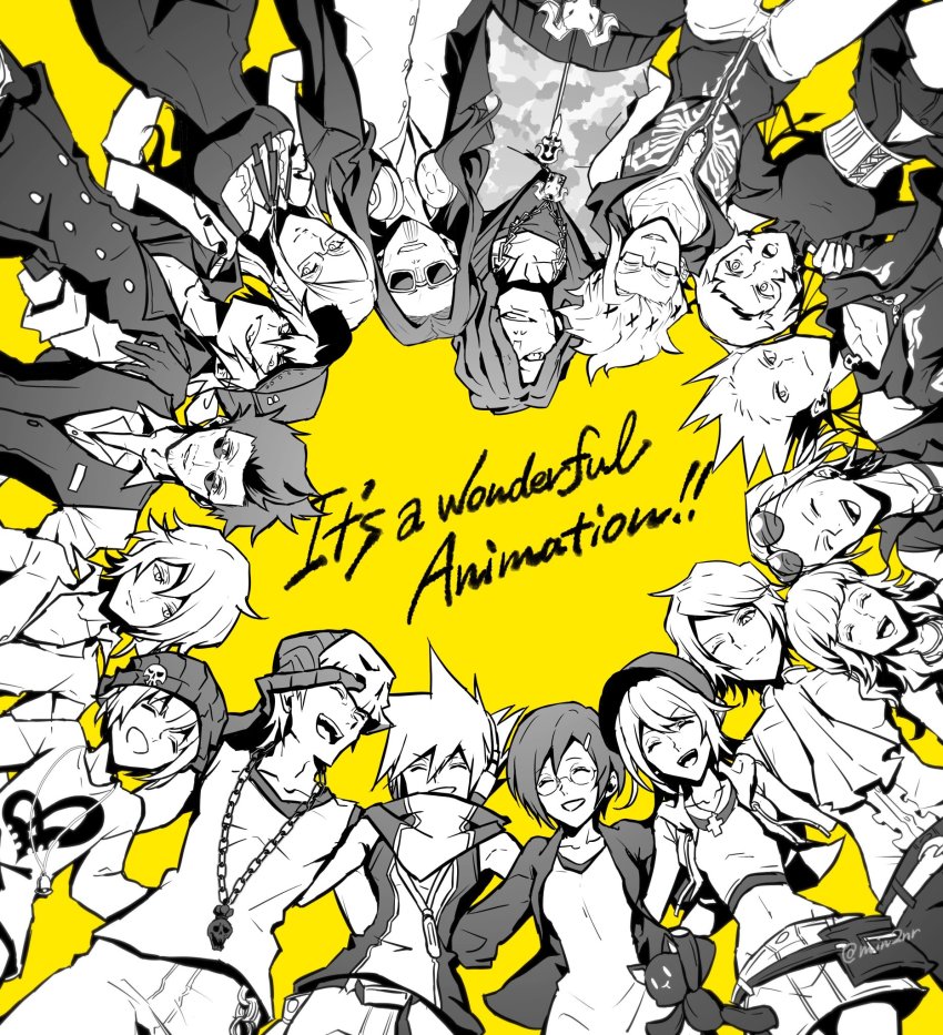 6+boys, 6+girls, 777_(subarashiki_kono_sekai), arms_around_another's_waist, baseball_cap, beanie, bell, belt