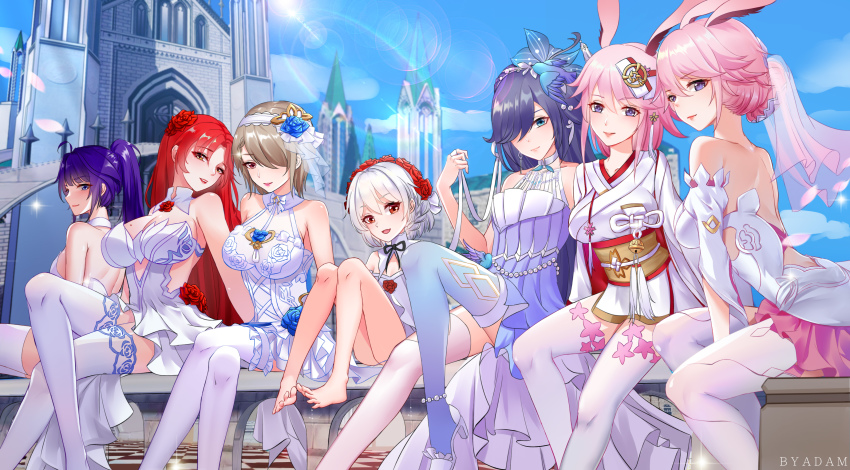 6+girls, absurdres, animal_ears, asymmetrical_legwear, bare_shoulders, barefoot, black_hair, blue_eyes