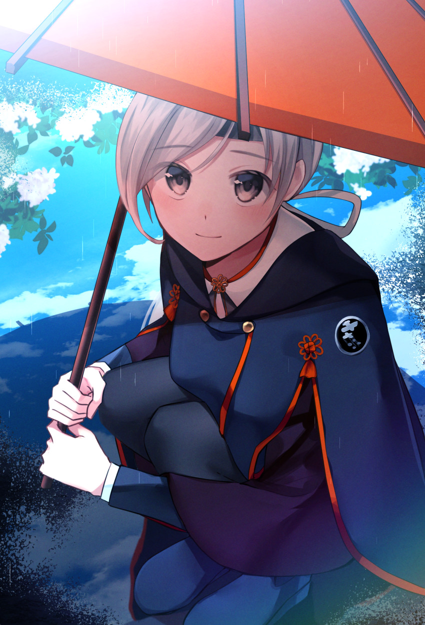 1girl, chitose_(kancolle), chitose_(rainy_season)_(kancolle), grey_eyes, headband, highres, holding, holding_umbrella