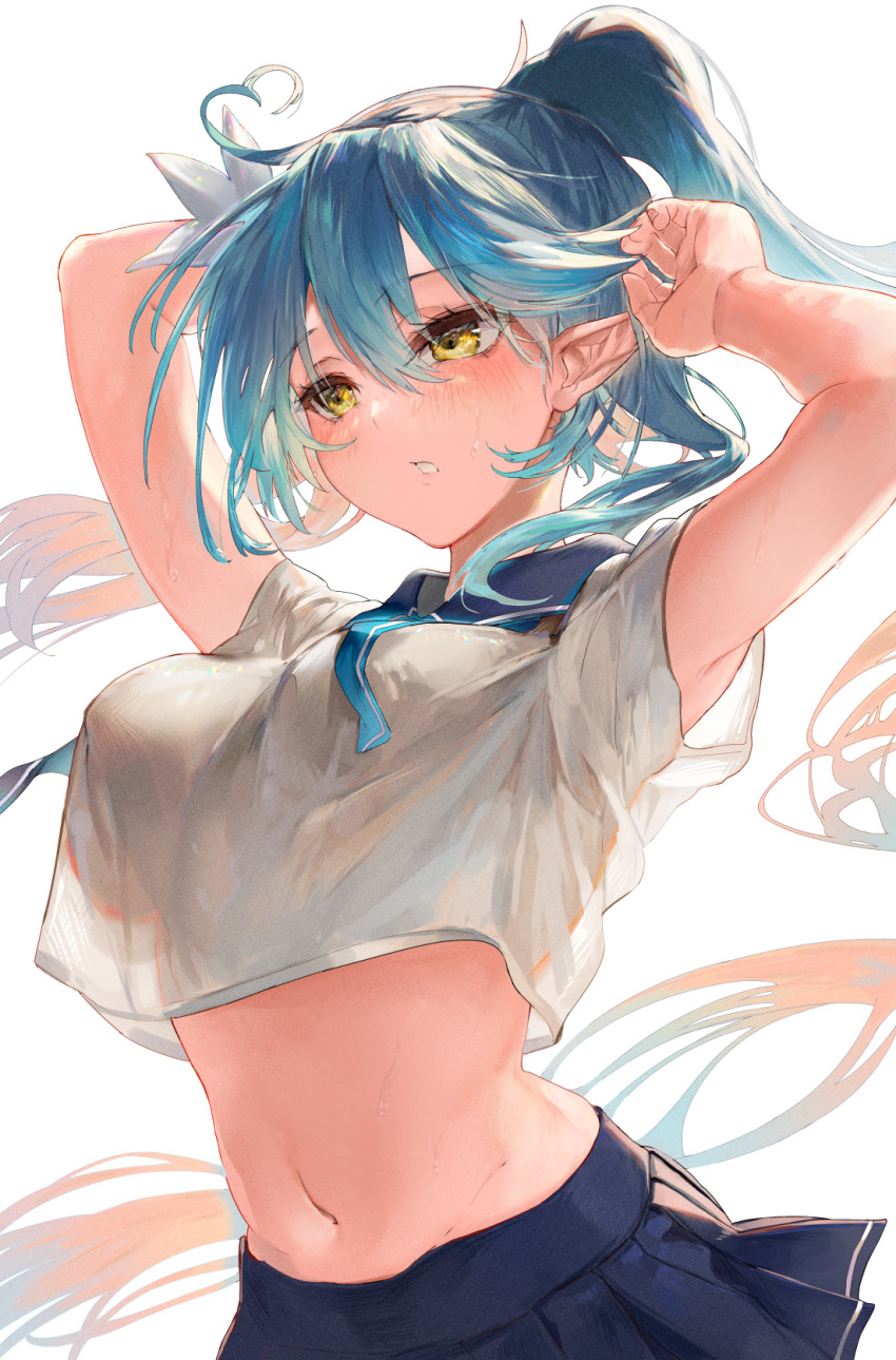 1girl, ahoge, alternate_costume, alternate_hairstyle, bad_id, bad_pixiv_id, blue_skirt, breasts