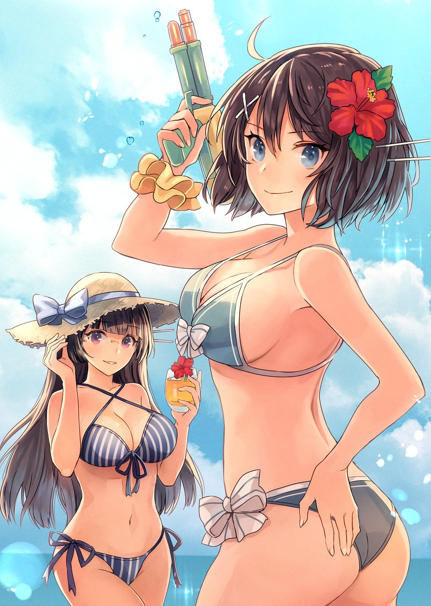 2girls, ahoge, ass, back, beach, belly, bikini, black_hair