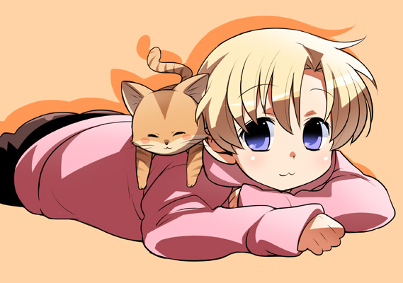 00s, 1boy, :3, blonde_hair, blue_eyes, casual, cat, clannad