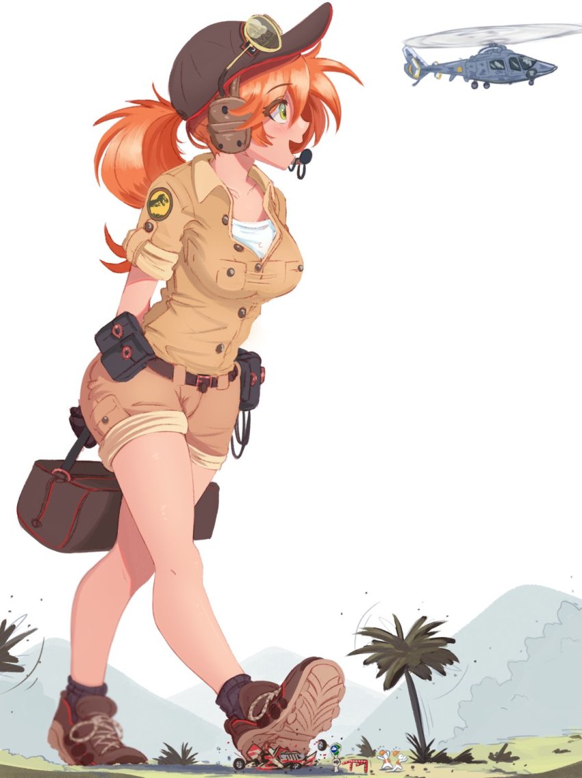 1girl, aircraft, blush, car, destruction, giant, giantess, green_eyes