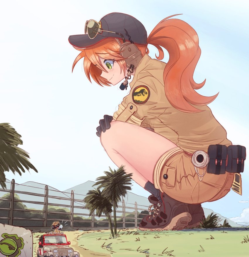 2girls, giant, giantess, grass, hat, headset, highres, jen_(raps)