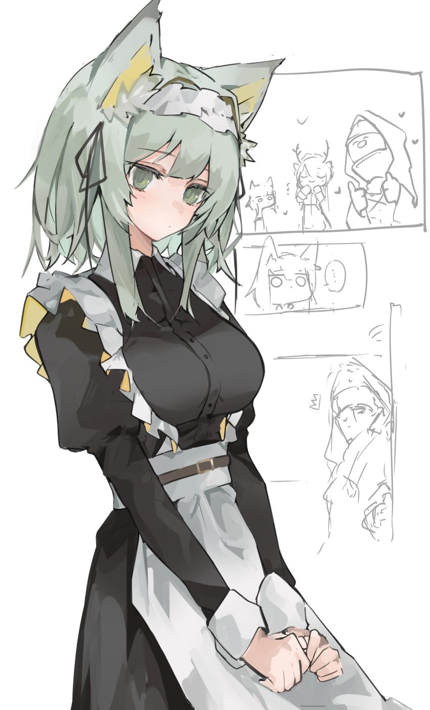 1other, 2girls, ambiguous_gender, animal_ear_fluff, animal_ears, apron, arknights, black_dress