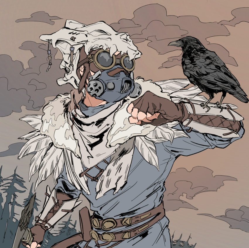 1other, ambiguous_gender, animal_on_arm, animal_skull, apex_legends, axe, belt, bird