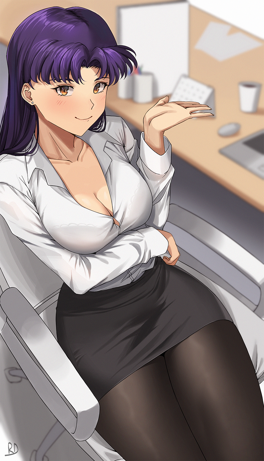 1girl, alternate_costume, arm_under_breasts, black_skirt, blurry, blush, breasts, calendar_(medium), cleavage, computer, depth_of_field, dutch_angle, highres, katsuragi_misato, laptop, long_hair, looking_at_viewer, neon_genesis_evangelion, office_lady, orange_eyes, pantyhose, purple_hair, ryudraw, shirt, skirt, smile, solo, thighs, white_shirt