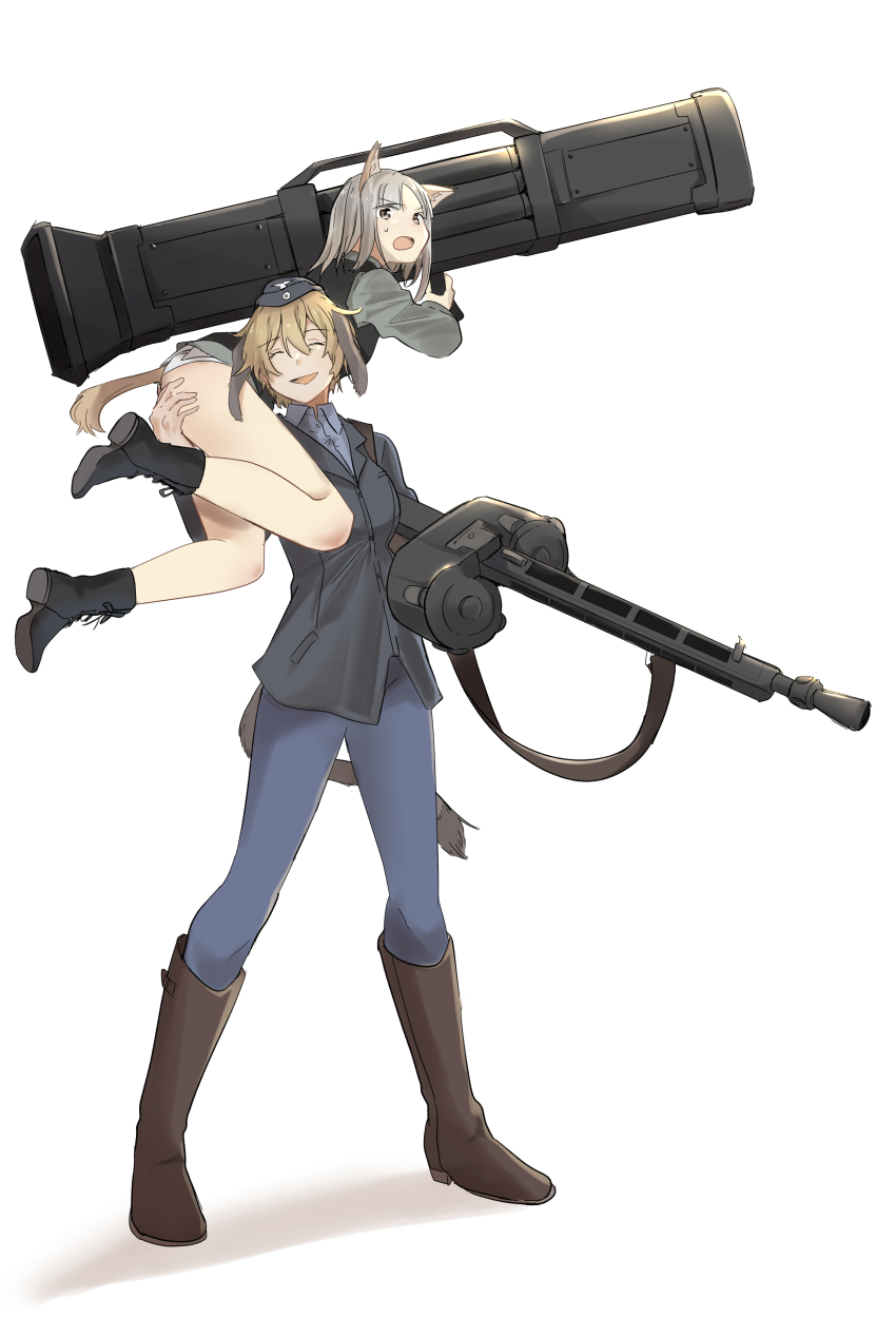 2girls, absurdres, animal_ears, blonde_hair, blue_pants, boots, brown_footwear, carrying