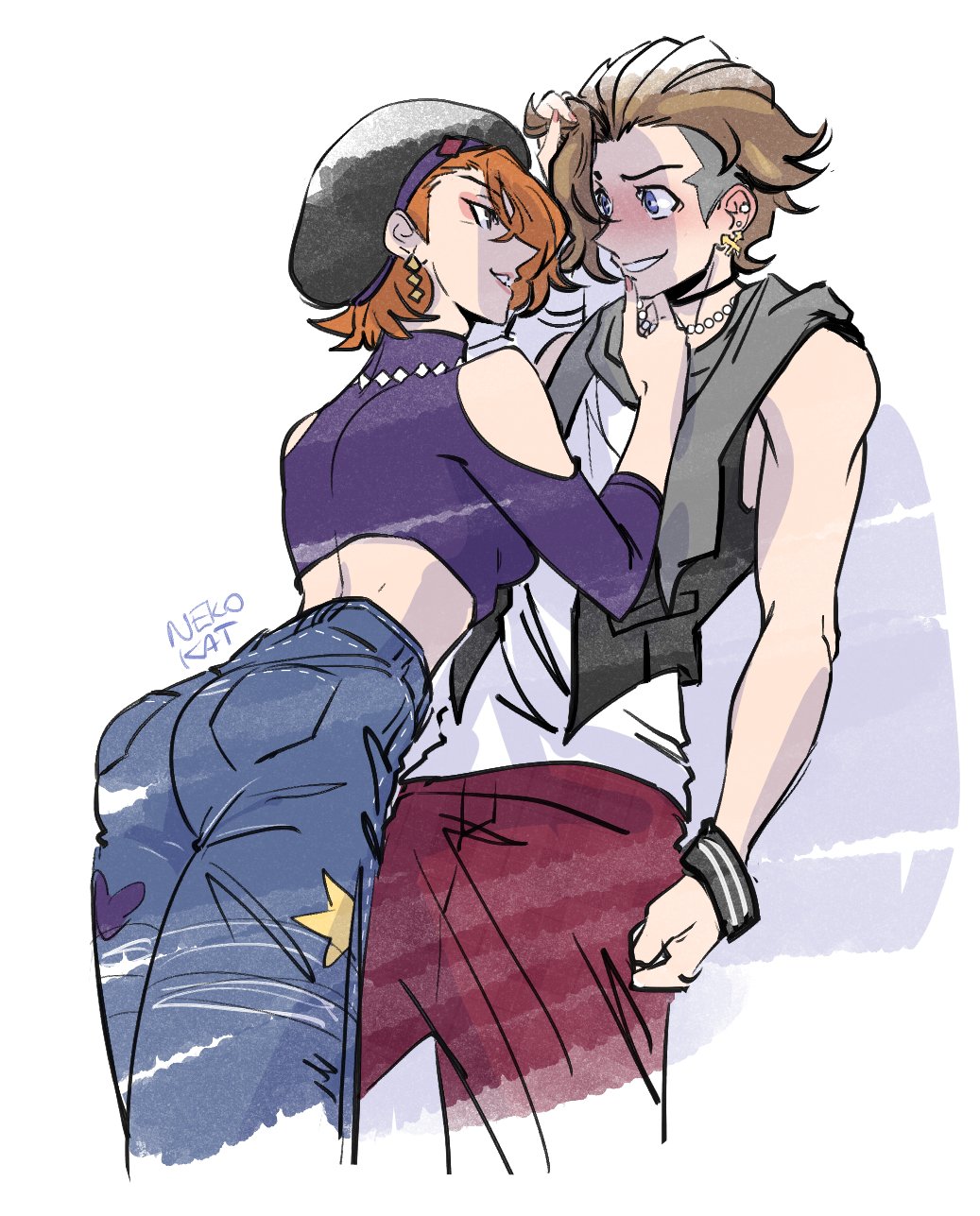 1boy, 1girl, ass, assertive_female, beret, black_headwear, black_vest, blue_eyes, blush, bracelet, brown_hair, crop_top, denim, ear_piercing, earrings, eyebrows, eyeshadow, flirting, furesawa_tosai, hand_on_another's_chin, hat, hetero, highres, jeans, jewelry, kanon_(ntwewy), lips, lipstick, makeup, necklace, orange_hair, pants, piercing, purple_shirt, red_pants, scarf, seductive_smile, shin_subarashiki_kono_sekai, shirt, smile, subarashiki_kono_sekai, undercut, vest, white_shirt