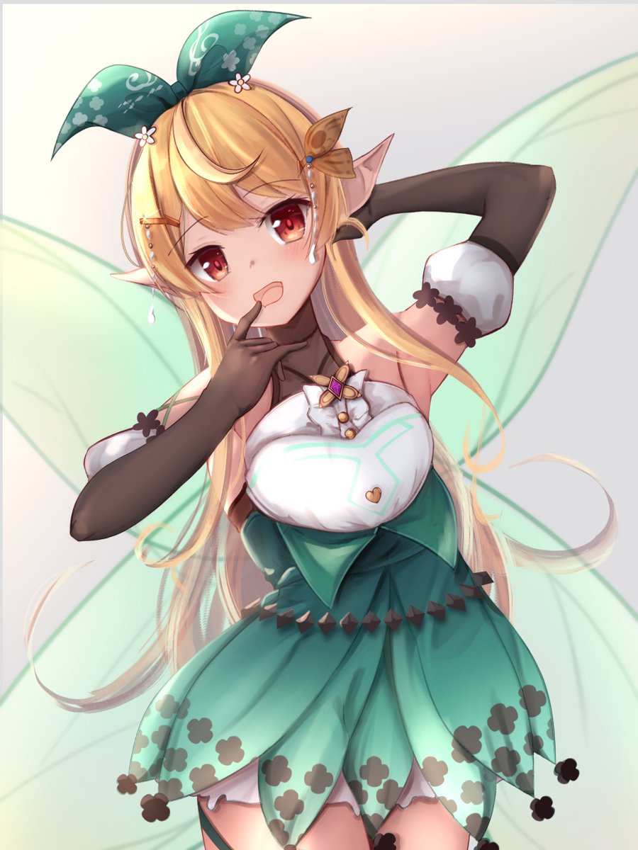 black_gloves, blonde_hair, bobicess, brown_eyes, butterfly_hair_ornament, elbow_gloves, flat_chest, gloves, green_ribbon, grey_background, grey_skirt, hair_behind_ear, hair_ornament, hair_ribbon, halterneck, head_tilt, high-waist_skirt, highres, long_hair, mecha, nijisanji, nijisanji_en, pointy_ears, pomu_rainpuff, pomu_rainpuff_(1st_costume), ribbon, robot, skirt, solo, virtual_youtuber
