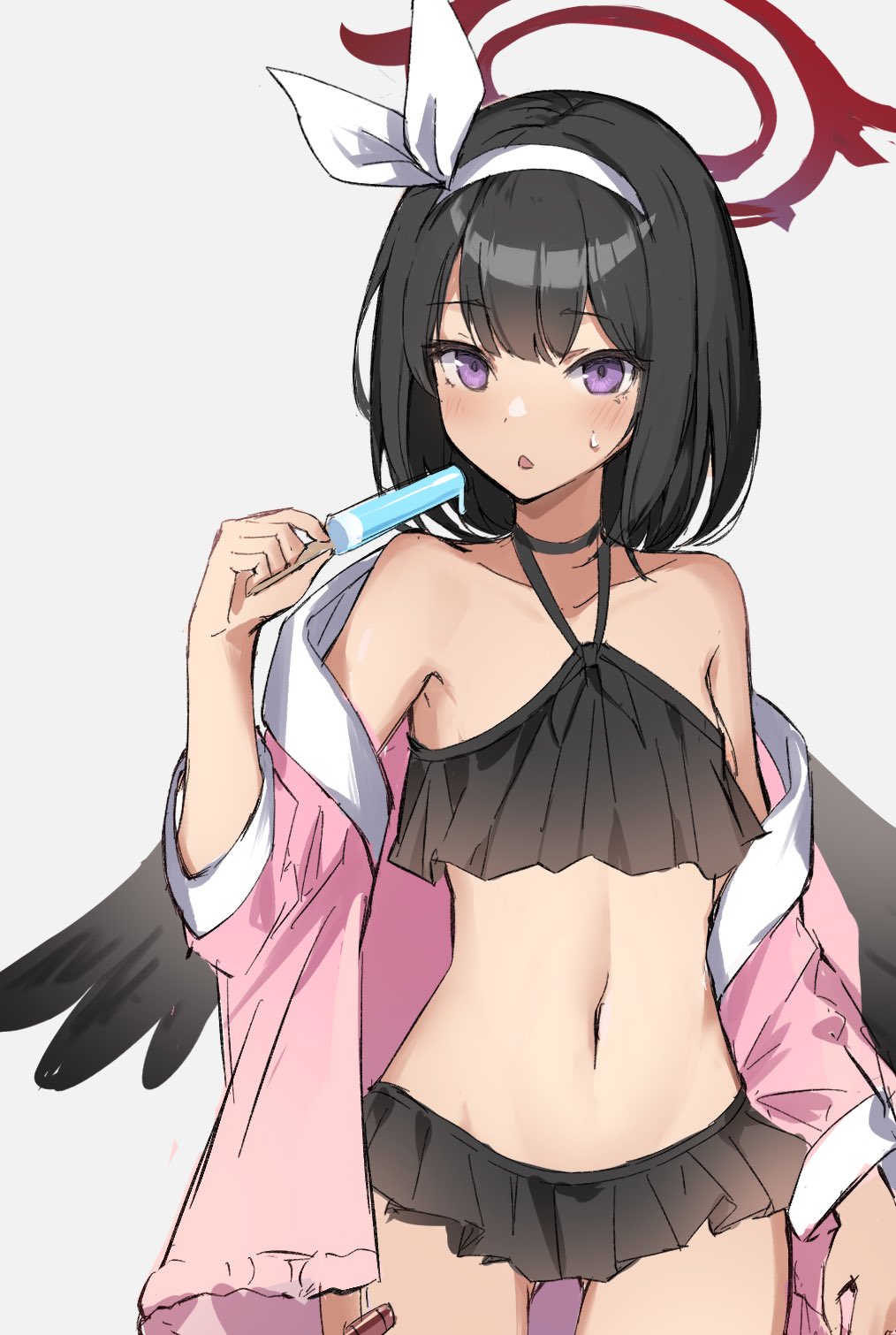 1girl, bare_shoulders, bikini, black_bikini, black_choker, black_wings, blue_archive, blush