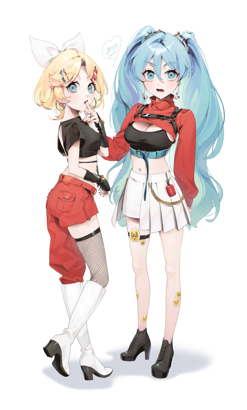 2girls, absurdres, aqua_eyes, aqua_hair, asymmetrical_legwear, baekryang, black_footwear, black_shirt