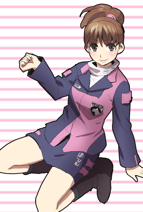 1girl, animification, black_boots, boots, brown_eyes, brown_hair, clothes_writing, female_focus