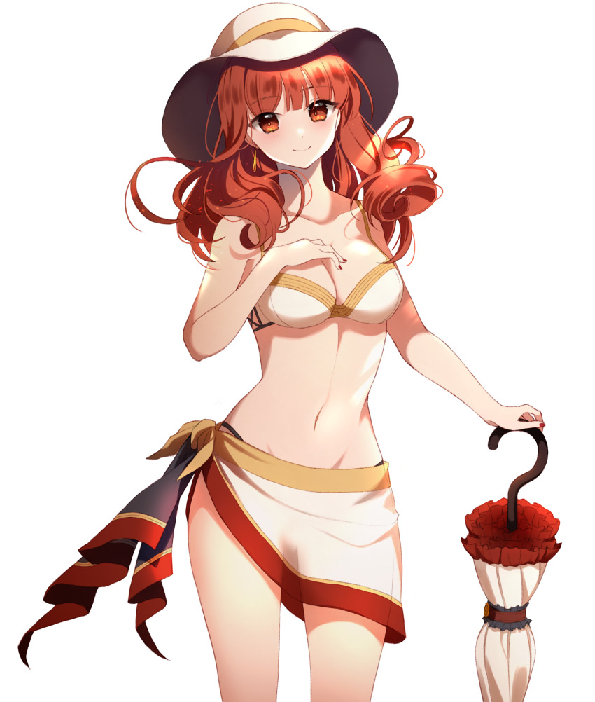 1girl, absurdres, arcelle, bikini, breasts, celica_(fire_emblem), cleavage, closed_umbrella, collarbone, earrings, fire_emblem, fire_emblem_echoes:_shadows_of_valentia, groin, highres, holding, holding_umbrella, jewelry, long_hair, medium_breasts, nail_polish, navel, nintendo, parasol, red_eyes, red_hair, sarong, smile, solo, swimsuit, transparent_background, umbrella, white_bikini
