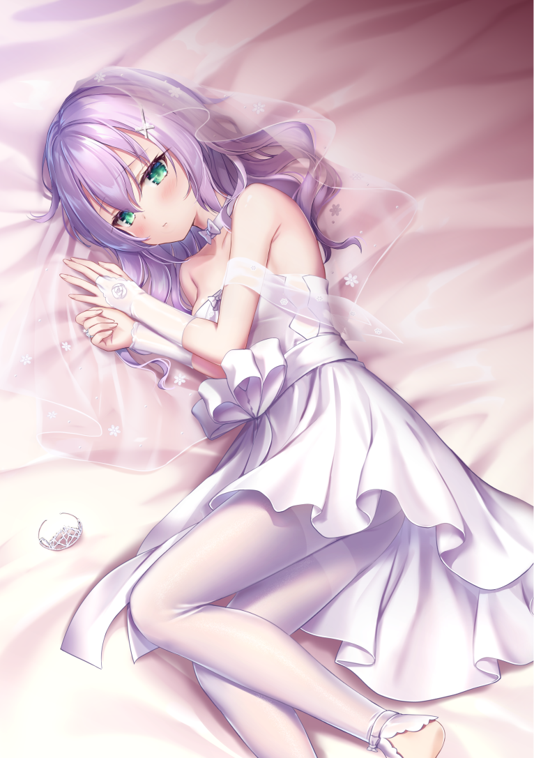 1girl, alternate_hairstyle, azur_lane, bare_shoulders, barefoot, bed_sheet, blush, bridal_veil, choker, collarbone, commentary_request, curly_hair, detached_sleeves, dress, eyes_visible_through_hair, fingerless_gloves, from_above, gloves, green_eyes, hair_between_eyes, hair_down, hair_ornament, javelin_(azur_lane), javelin_(blissful_june_bride)_(azur_lane), javelin_(blissful_purity)_(azur_lane), long_hair, looking_at_viewer, looking_to_the_side, looking_up, lying, no_shoes, on_side, pantyhose, purple_hair, sidelocks, solo, strapless, strapless_dress, suyamori, veil, wedding_dress, white_dress, white_gloves, white_pantyhose, x_hair_ornament