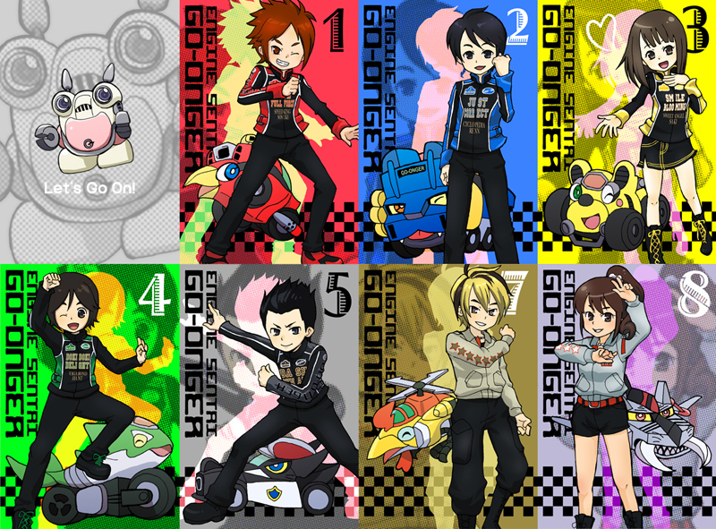 2girls, 5boys, animification, biker_clothes, bomper, engine_sentai_go-onger, esumi_sousuke, ishihara_gunpei, jou_hanto, kousaka_renn, multiple_boys, multiple_girls, rouyama_saki, tokusatsu, super_sentai, sutou_hiroto, sutou_miu