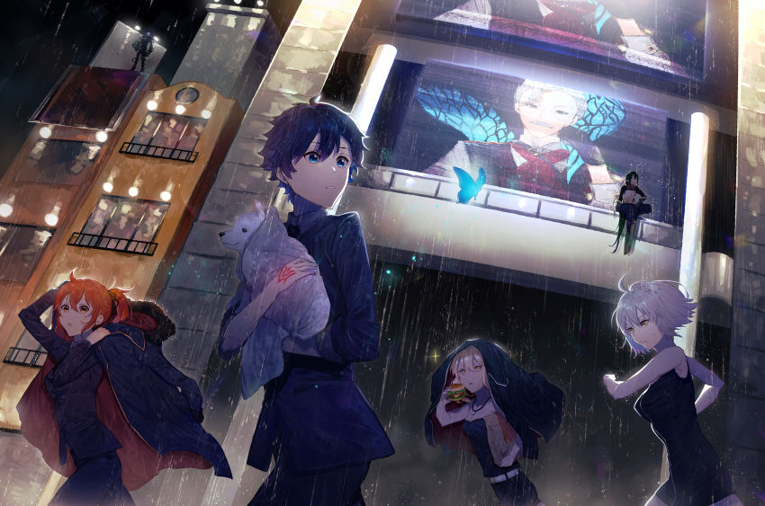 3girls, 4boys, absurdres, ahoge, alternate_costume, animal, artoria_pendragon_(fate), bare_shoulders