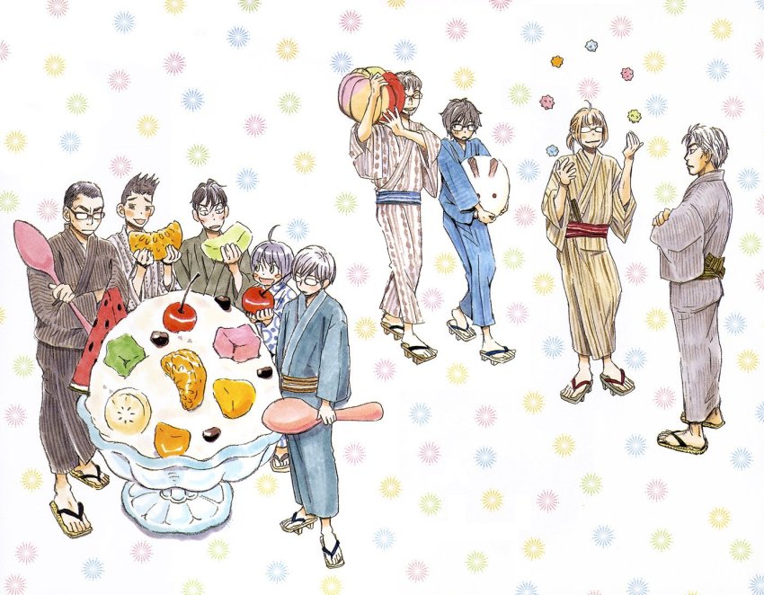 6+boys, ahoge, arms_at_sides, banana, beard, black_hair, black_kimono, blonde_hair, blue_kimono, blue_sash, blush_stickers, brown_kimono, brown_sash, carrying_over_shoulder, cheekbones, cherry, crossed_arms, cup, dot_nose, facial_hair, food, fruit, geta, glasses, gotou_masamune, green_sash, grey_kimono, hands_up, hayashida_takahashi, holding, holding_spoon, ice_cream, japanese_clothes, kimono, kiriyama_rei, kumakura_kengo, laughing, looking_at_another, male_focus, mandarin_orange, matsumoto_issa, melon, misumi_tatsuyuki, multicolored_background, multiple_boys, nikaidou_harunobu, obi, open_mouth, oversized_food, oversized_object, polka_dot, polka_dot_kimono, ponytail, pumpkin, red_sash, sandals, sangatsu_no_lion, sash, serious, shimada_kai_(sangatsu_no_lion), short_ponytail, simple_background, smile, souya_touji, sparkle, sparkle_background, spiked_hair, spoon, standing, striped_clothes, striped_kimono, striped_sash, thick_eyelashes, tsurime, umino_chika, v-shaped_eyebrows, walking, watermelon, white_background, white_kimono, wide_shot, yellow_kimono, yukata