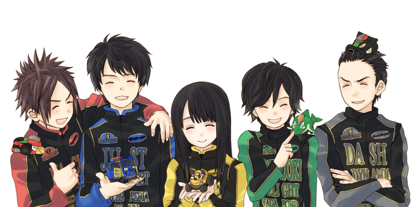 1girl, 4boys, animification, bad_id, bad_pixiv_id, biker_clothes, closed_eyes, engine_sentai_go-onger