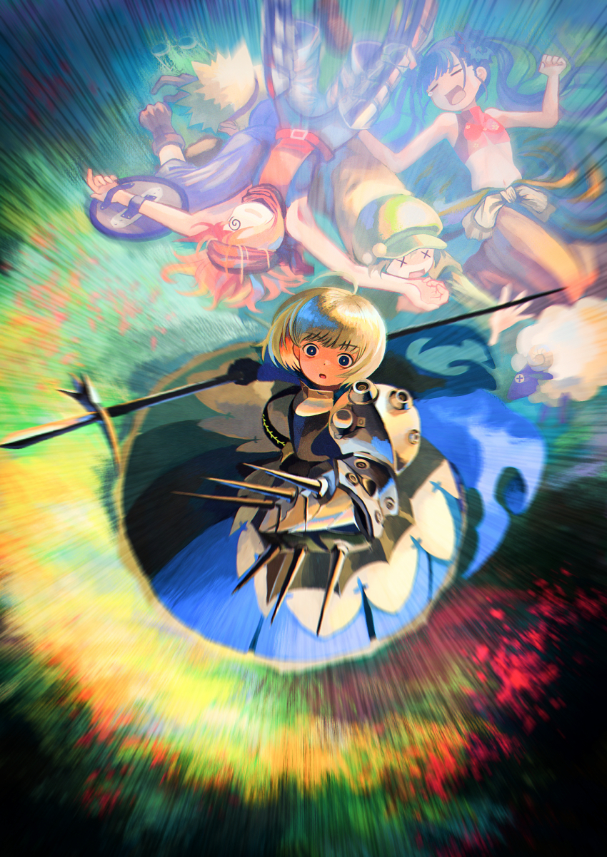 4girls, armor, armored_dress, ballista_(sekaiju), ballista_3_(sekaiju), brown_hair, character_request, dress