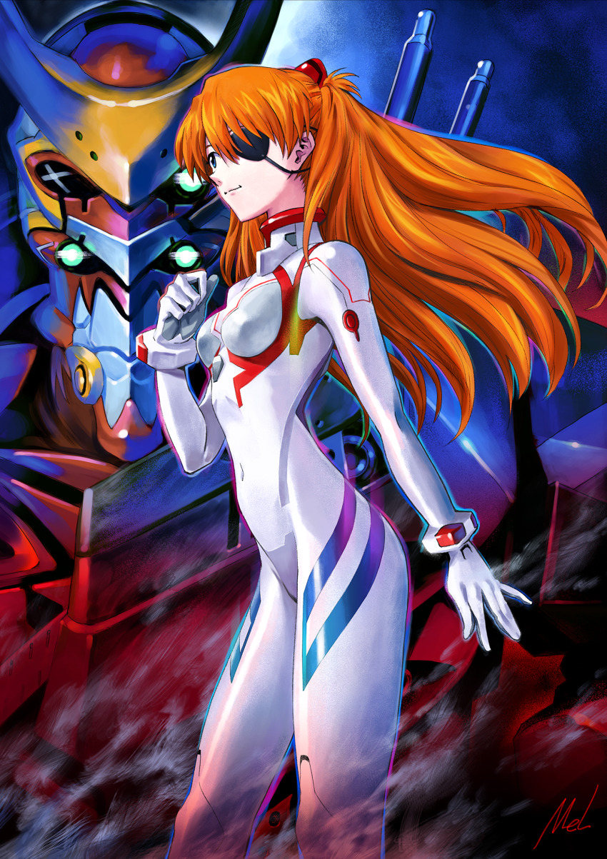 1girl, artist_request, blue_eyes, bodysuit, breasts, brown_hair, eva_02, evangelion:_3.0+1.0_thrice_upon_a_time