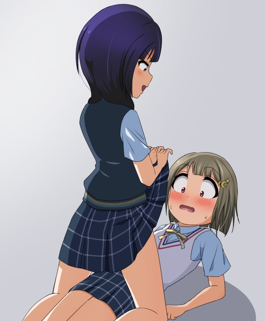 2girls, asaka_karin, blue_eyes, blue_hair, blush, buson0120, clothes_lift, crescent, crescent_hair_ornament, flashing, hair_ornament, highres, light_brown_hair, love_live!, love_live!_nijigasaki_high_school_idol_club, lying, medium_hair, multiple_girls, nakasu_kasumi, nijigasaki_school_uniform, on_back, pink_eyes, school_uniform, short_hair, simple_background, skirt, skirt_lift, star_(symbol), star_hair_ornament, sweat, wavy_mouth, yuri