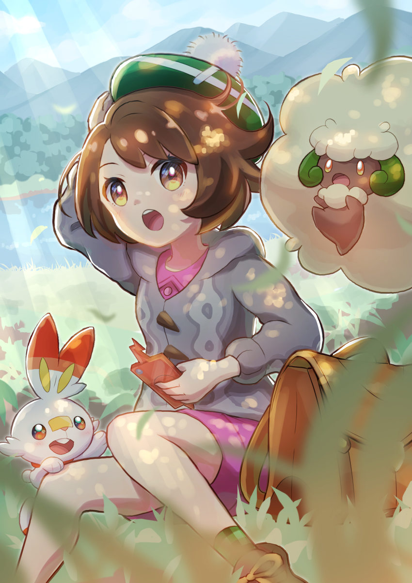 1girl, absurdres, backpack, bag, blurry, bob_cut, boots, brown_bag, brown_eyes, brown_footwear, brown_hair, buttons, cable_knit, cardigan, cloud, collared_dress, commentary_request, day, dress, eyelashes, falling_leaves, gen_4_pokemon, gen_5_pokemon, gen_8_pokemon, gloria_(pokemon), grass, green_headwear, green_legwear, grey_cardigan, hat, highres, holding, holding_phone, hood, hooded_cardigan, kanon_(ta_sakurairo), leaf, light_rays, nintendo, open_mouth, outdoors, phone, pink_dress, plaid_clothes, plaid_legwear, plaid_socks, pokemon, pokemon_(creature), pokemon_sword_and_shield, rotom, rotom_phone, scorbunny, short_hair, sitting, sky, socks, tam_o'_shanter, teeth, tongue, unworn_bag, upper_teeth_only, whimsicott