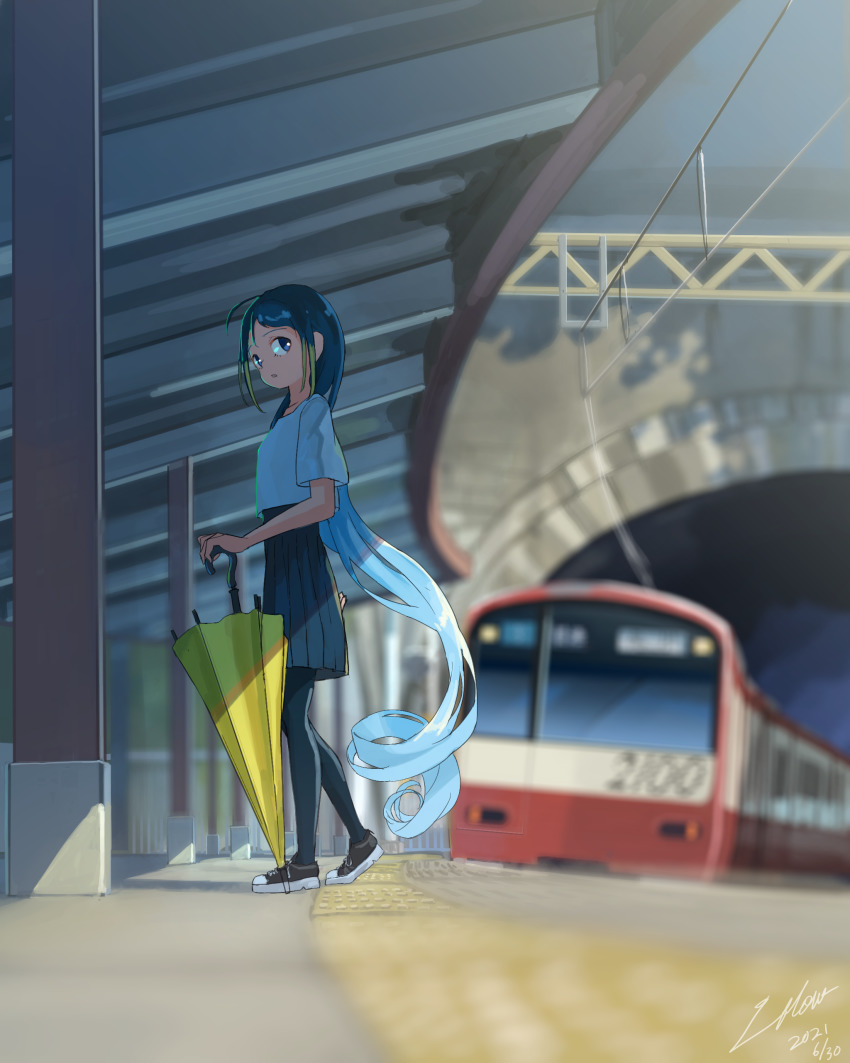 1girl, absurdres, alternate_costume, black_pantyhose, blouse, blue_eyes, blue_hair, blue_skirt