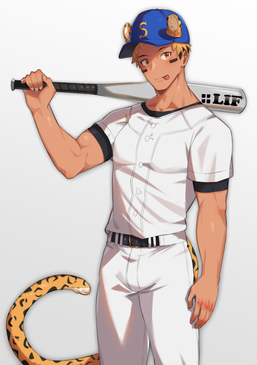 1boy, :p, animal_ears, bad_id, bad_pixiv_id, baseball_bat, baseball_cap, baseball_uniform, belt, black_belt, blue_hat, buttons, collarbone, cowboy_shot, ears_through_headwear, eye_black, facepaint, fingernails, hat, highres, holding, holding_baseball_bat, leopard_boy, leopard_ears, leopard_tail, lif_(shuroong), male_focus, orange_eyes, orange_hair, original, over_shoulder, pants, shirt, short_hair, short_sleeves, simple_background, solo, sportswear, tail, tan, toned, toned_male, tongue, tongue_out, undercut, white_background, white_pants, white_shirt