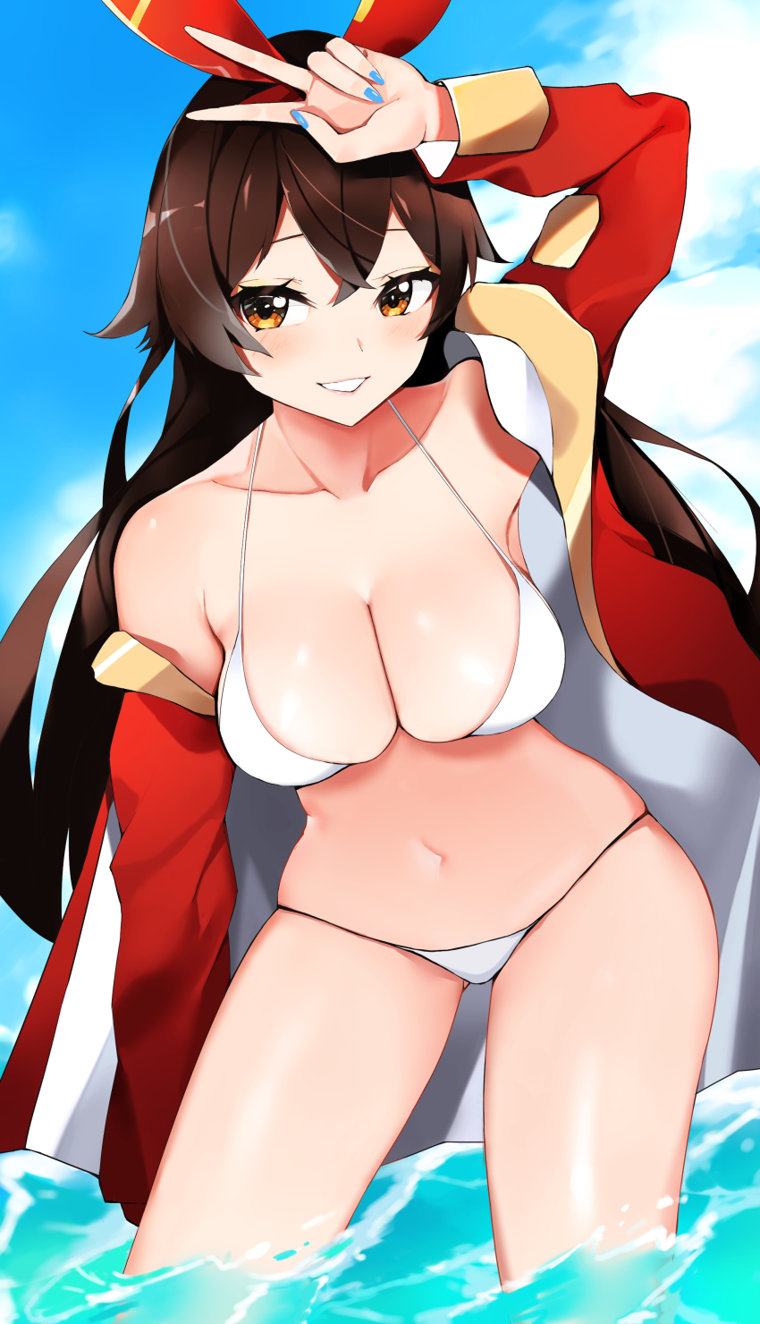 1girl, :d, absurdres, amber_(genshin_impact), bad_id, bad_pixiv_id, bare_shoulders, bikini, blue_nails, blue_sky, blush, breasts, brown_hair, cleavage, cloud, collarbone, contrapposto, day, genshin_impact, grin, hair_ribbon, halterneck, hand_on_forehead, highres, jacket, large_breasts, leaning_forward, long_sleeves, looking_at_viewer, mutsu_ane_daisuki, nail_polish, navel, off_shoulder, open_clothes, open_jacket, open_mouth, orange_eyes, outdoors, red_jacket, red_ribbon, ribbon, sky, smile, solo, stomach, string_bikini, swimsuit, v, wading, water, white_bikini