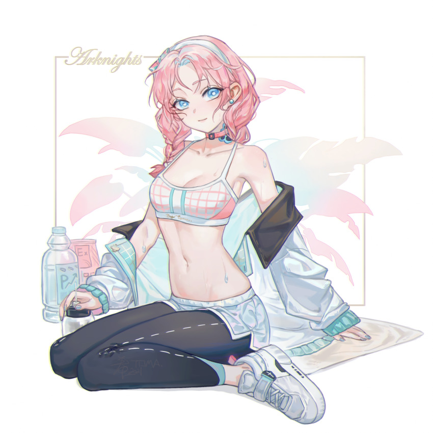 1girl, anmaki, arknights, bare_shoulders, black_pants, blue_eyes, blue_nails, blue_poison_(arknights)