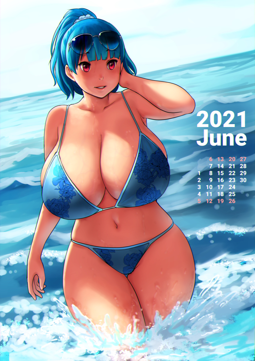 1girl, absurdres, bare_shoulders, bikini, blue_bikini, blue_hair, breasts, calendar_(medium), cleavage, curvy, erkaz, eyewear_on_head, high_ponytail, highres, huge_breasts, long_hair, medium_hair, navel, ocean, original, parted_lips, partially_submerged, ponytail, red_eyes, rina_atherina, smile, solo, standing, swimsuit, thick_thighs, thigh_gap, thighs, water, waves, wide_hips