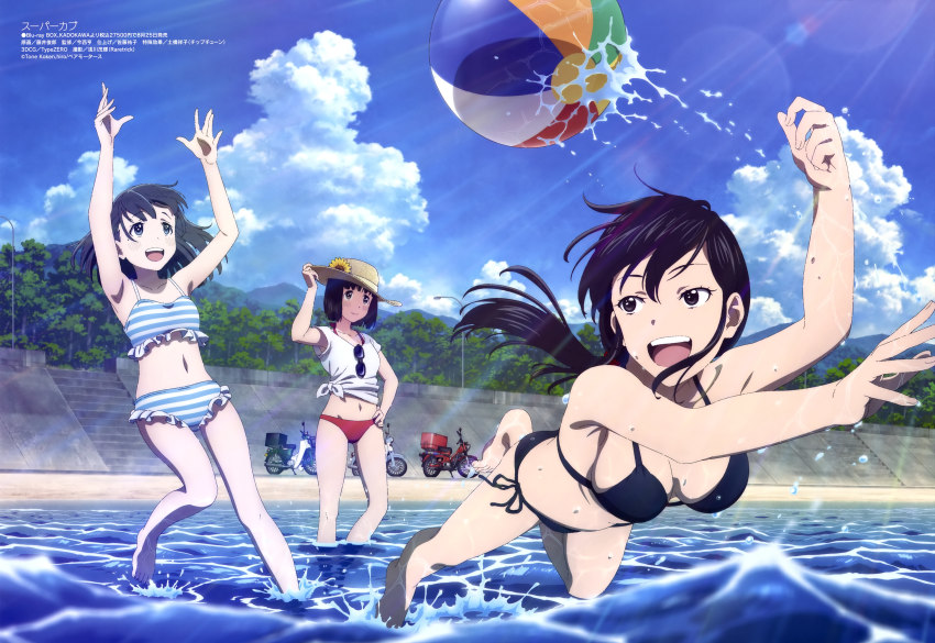 3girls, :d, absurdres, arms_up, ball, beach, beachball, bikini