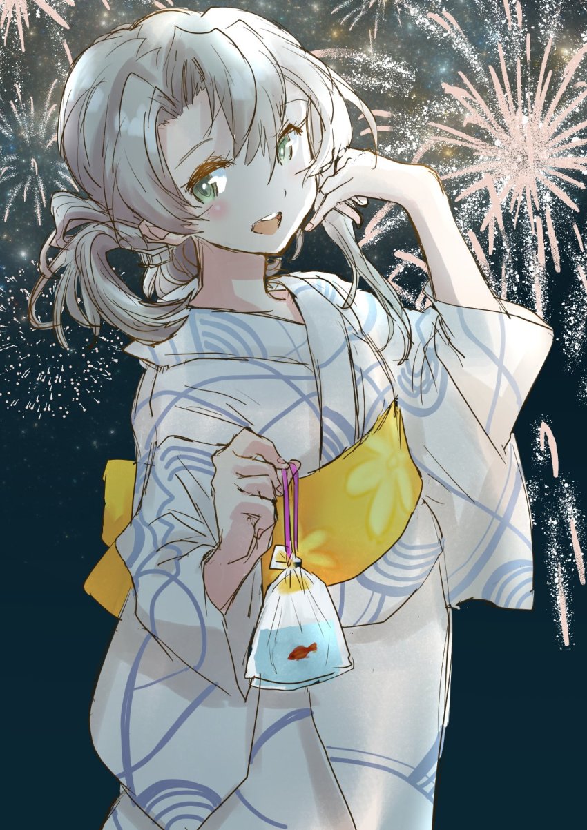1girl, asymmetrical_hair, bag, bagged_fish, commentary_request, cowboy_shot, fireworks, fish