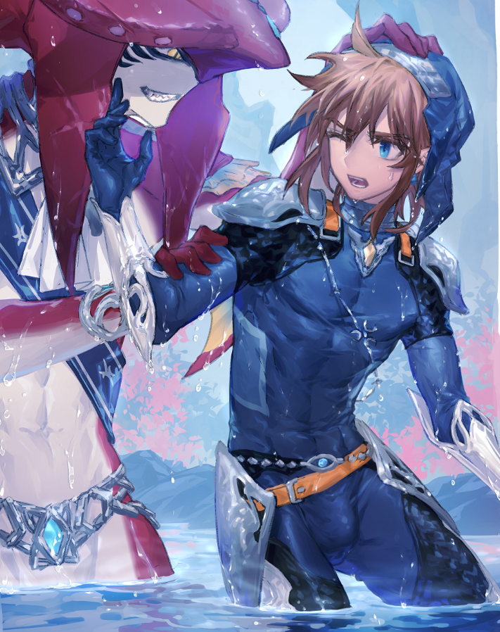 2boys, armor, arsh_(thestarwish), belt, blonde_hair, blue_eyes, bodysuit, bulge, colored_skin, commentary_request, fins, fish_boy, grin, hand_on_another's_head, jewelry, link, long_hair, looking_at_another, male_focus, monster_boy, multicolored_skin, multiple_boys, nintendo, official_alternate_costume, pointy_ears, red_skin, sharp_teeth, sidon, smile, teeth, the_legend_of_zelda, the_legend_of_zelda:_breath_of_the_wild, wading, water, wet, yellow_eyes, zora, zora_set_(zelda)