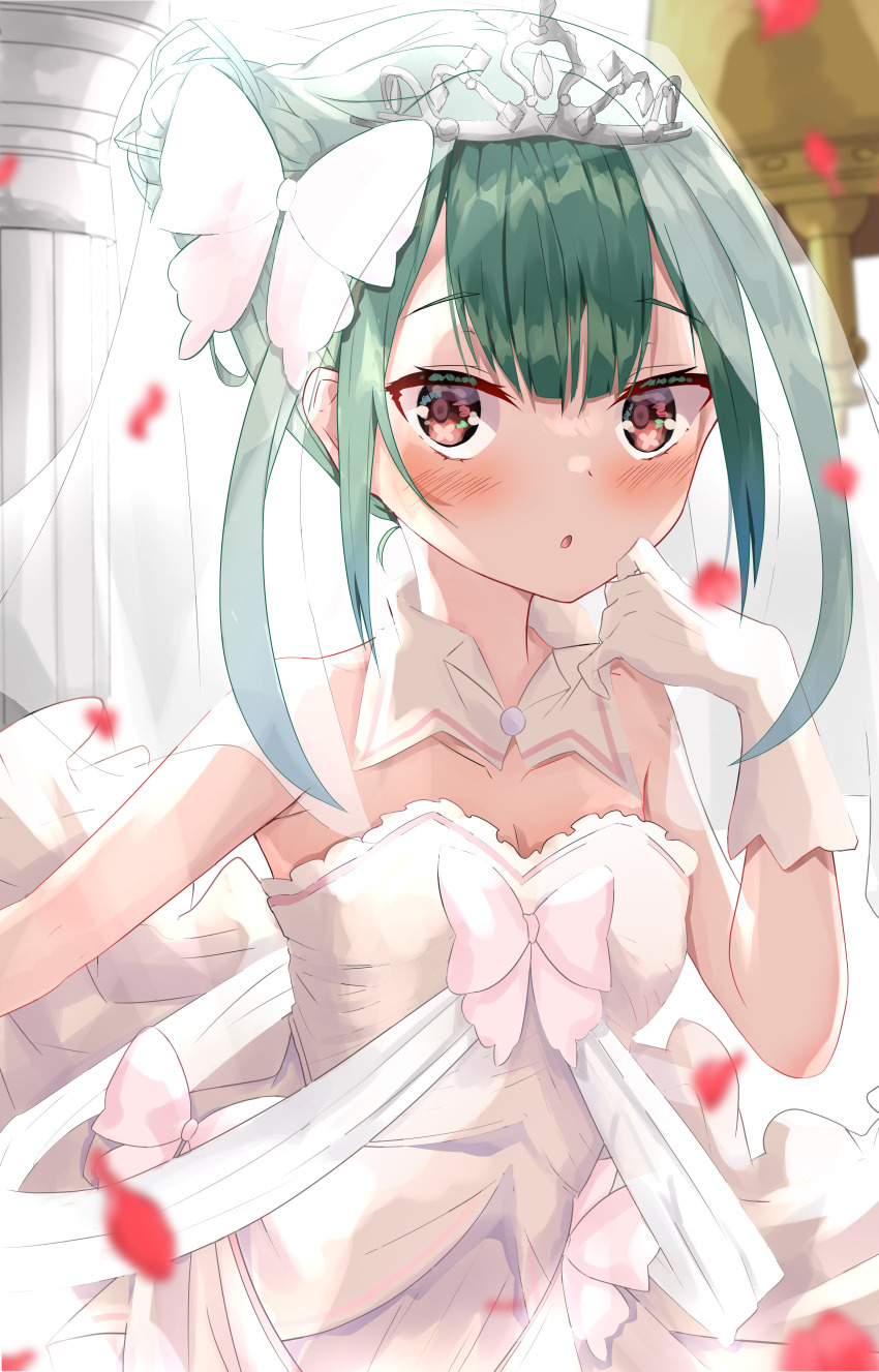 1girl, absurdres, azuremo, bare_shoulders, blush, bow, bridal_gauntlets, bridal_veil