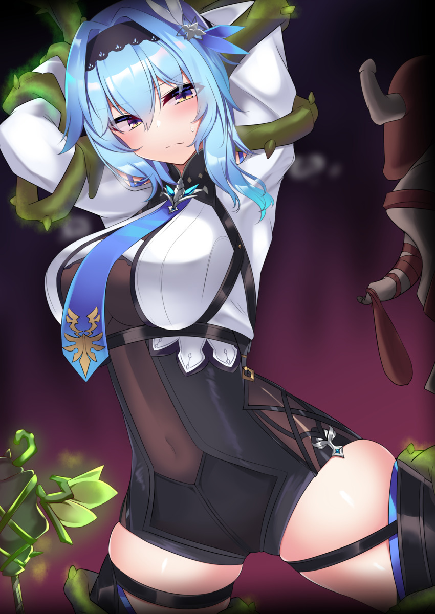 1girl, bdsm, black_hairband, black_headband, black_leotard, blue_hair, bodystocking, boots, breasts, clothing_cutout, cowboy_shot, eula_(genshin_impact), genshin_impact, hairband, headband, high-waist_shorts, highres, kutan, leotard, medium_breasts, medium_hair, multicolored_eyes, necktie, plant, purple_eyes, restrained, shorts, shoulder_cutout, solo, thigh_boots, thigh_strap, thighhighs, thighs, vine_bondage, vine_tentacle, vines, yellow_eyes