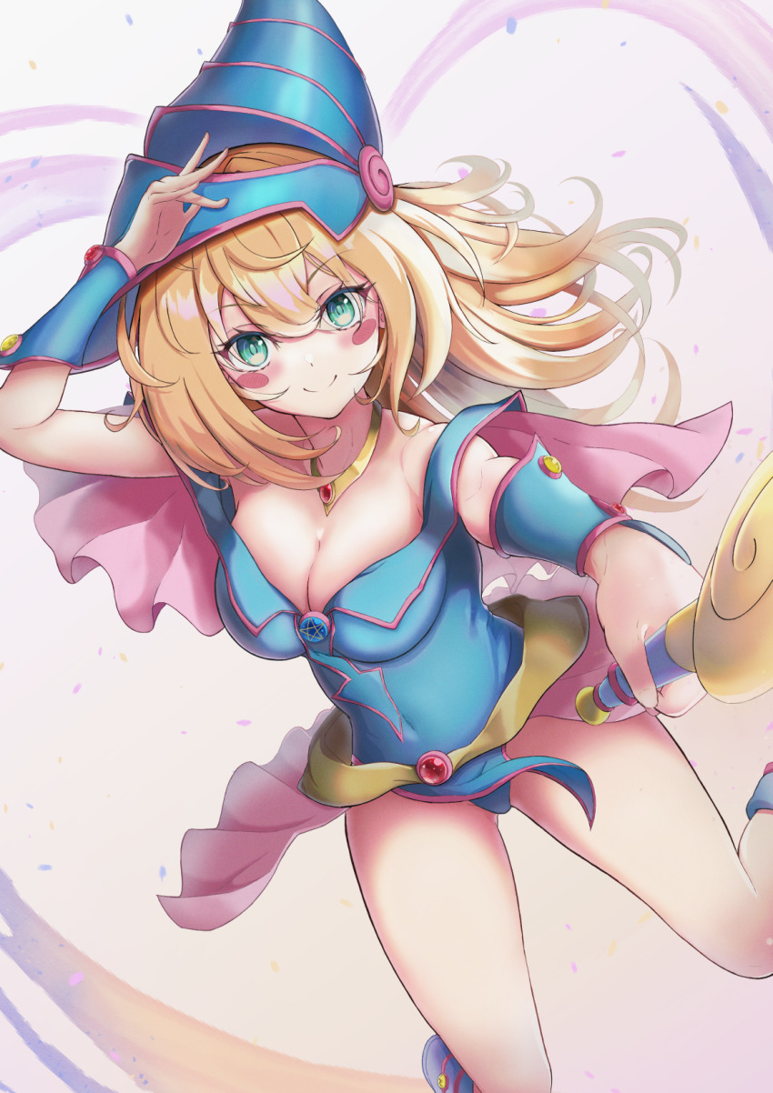 1girl, bare_legs, bare_shoulders, blonde_hair, blue_leotard, blush, blush_stickers, bracer, breasts, character_name, cleavage, closed_mouth, commentary_request, dark_magician_girl, green_eyes, hair_between_eyes, hat, highres, jewelry, leotard, long_hair, looking_at_viewer, medium_breasts, necklace, pentacle, potemaka, resolution_mismatch, revision, showgirl_skirt, smile, solo, source_larger, thighs, wizard_hat, yu-gi-oh!