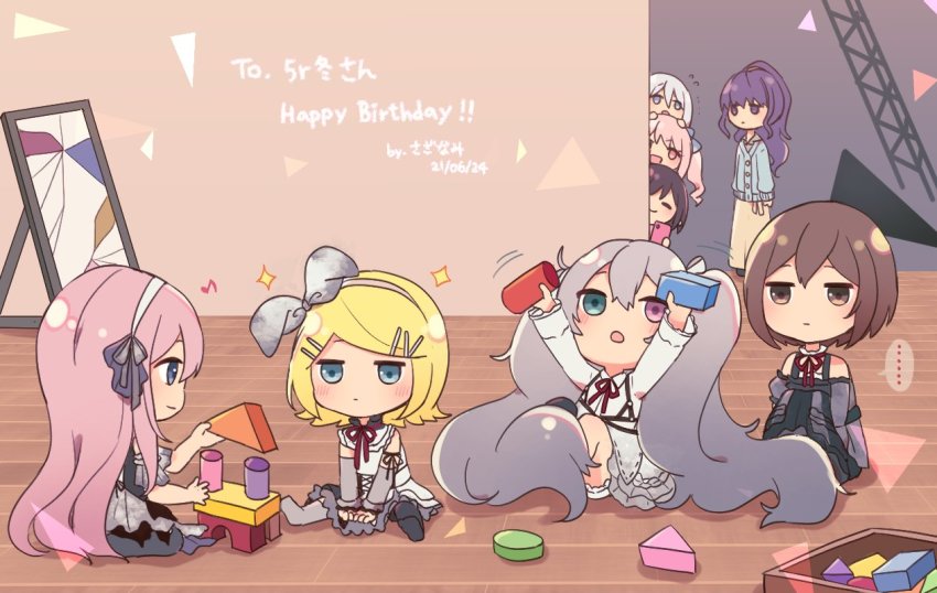..., 25-ji_luka, 25-ji_meiko, 25-ji_miku, 25-ji_rin, 6+girls, akiyama_mizuki, aqua_eyes, arms_up, asahina_mafuyu, bare_shoulders, between_legs, black_dress, block_(object), blonde_hair, blue_eyes, blue_jacket, bow, box, brown_eyes, brown_hair, chest_harness, chibi, chinese_commentary, detached_sleeves, dress, eighth_note, expressionless, grey_bow, grey_hair, grey_sleeves, hair_bow, hair_ornament, hairclip, hand_between_legs, happy_birthday, harness, hatsune_miku, heterochromia, holding, holding_phone, holding_toy, indoors, jacket, kagamine_rin, light_smile, long_hair, megurine_luka, meiko_(vocaloid), mirror, mixed-language_commentary, multiple_girls, musical_note, neck_ribbon, open_mouth, phone, pink_hair, ponytail, project_sekai, purple_eyes, purple_hair, red_ribbon, ribbon, sazanami_(ripple1996), scaffolding, shinonome_ena, short_sleeves, sitting, skirt, smile, sparkle, speech_bubble, spoken_ellipsis, standing, swept_bangs, toy, twintails, very_long_hair, vocaloid, white_dress, white_hair, wooden_floor, yoisaki_kanade