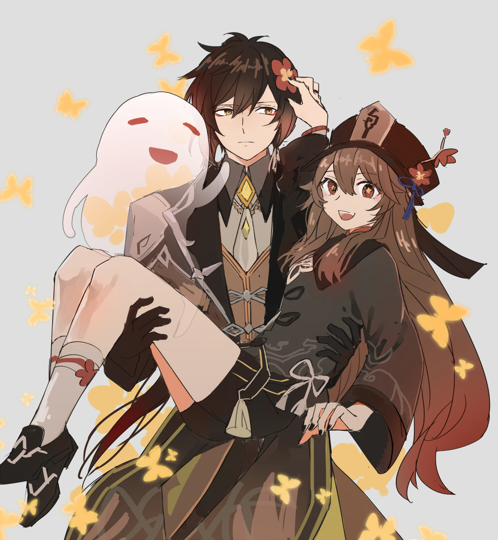 1boy, 1girl, :|, bead_bracelet, beads, black_gloves, black_hair, black_headwear