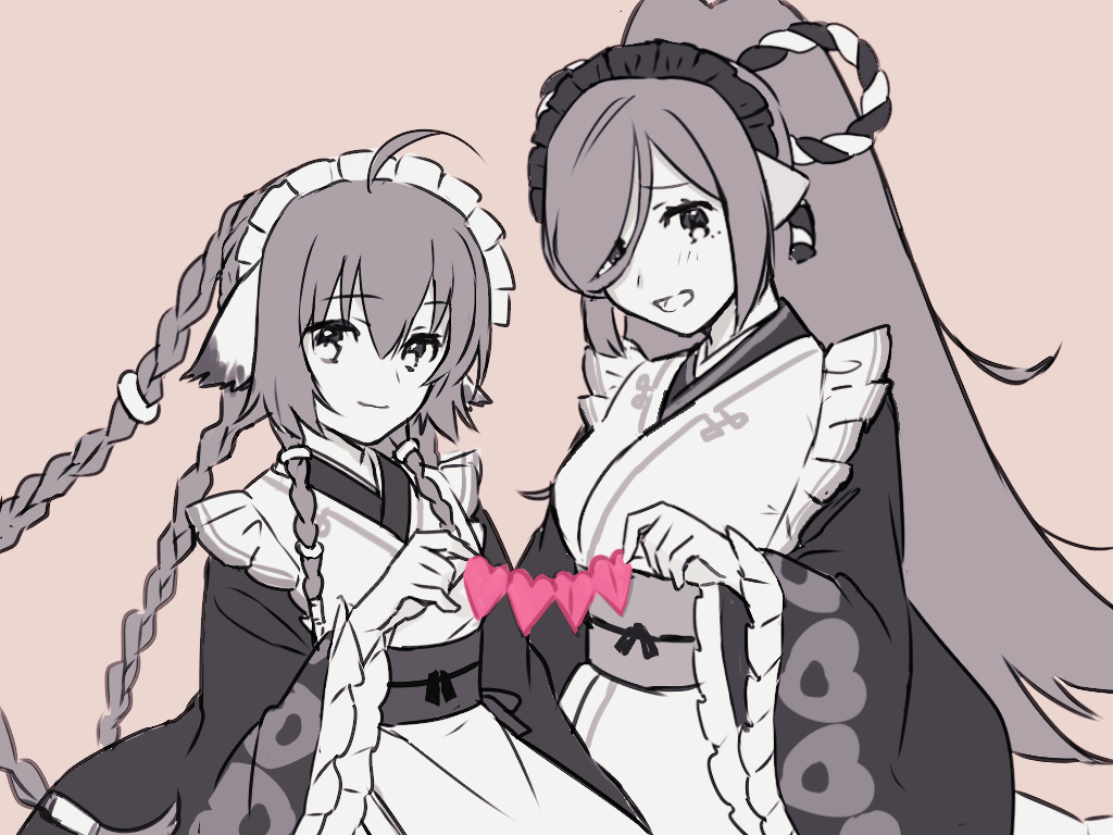 2girls, absurdly_long_hair, ahoge, animal_ears, anju_(utawarerumono), aquaplus, blush, braid