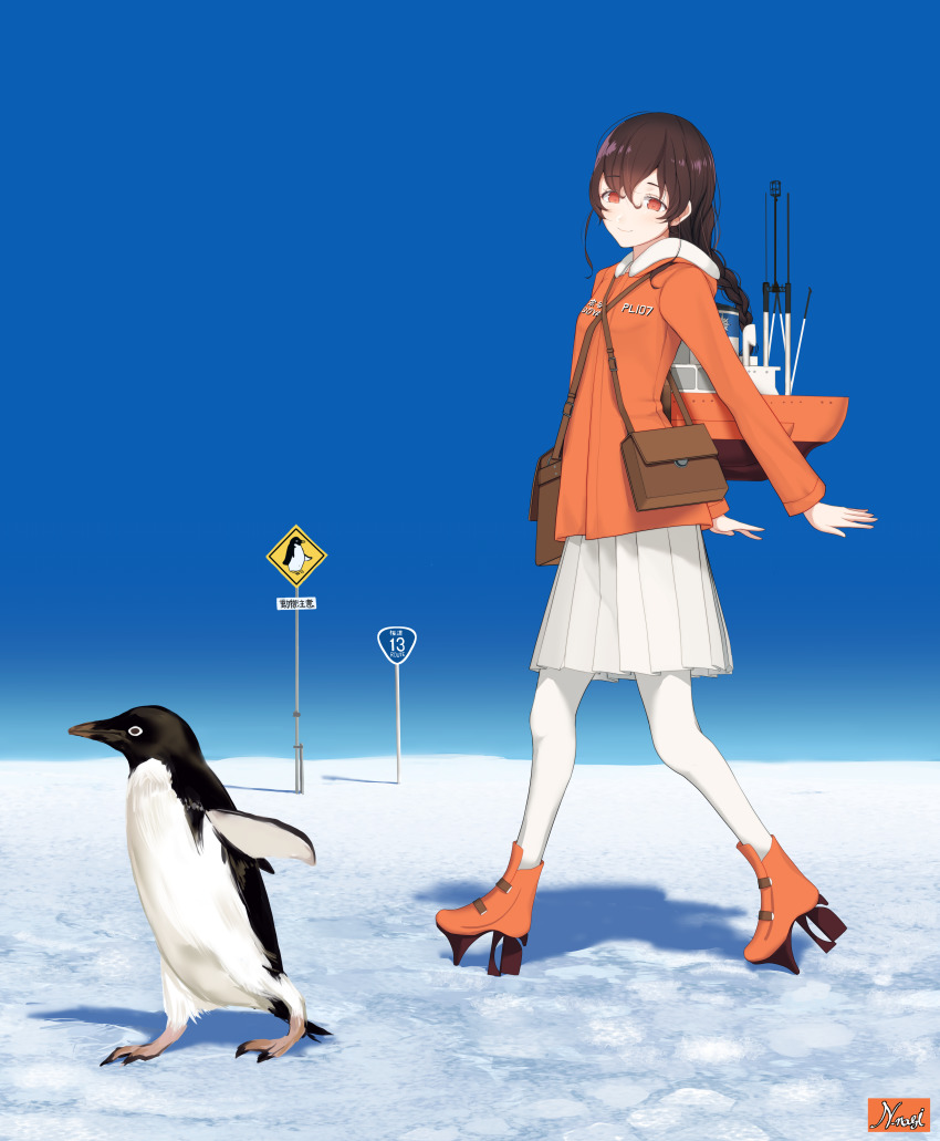 1girl, absurdres, adelie_penguin, bag, bird, blue_sky, braid, brown_hair