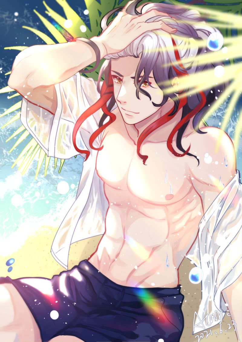 1boy, beach, blue_male_swimwear, blue_shorts, blue_swim_trunks, closed_mouth, dated, fate/grand_order, fate_(series), grey_hair, looking_at_viewer, male_focus, male_swimwear, multicolored_hair, muscular, odysseus_(fate), odysseus_(innocent_blue)_(fate), palm_tree, puyue, red_hair, shirt, shorts, signature, sitting, smile, solo, streaked_hair, summer, swim_trunks, swimsuit, topless_male, tree, two-tone_hair, water, wet, wet_clothes, wet_shirt, white_shirt, yellow_eyes