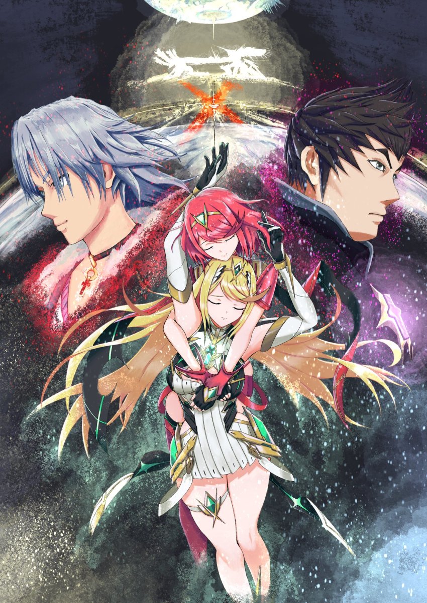 2boys, 2girls, alvis_(xenoblade), bare_legs, bare_shoulders, bionis, blonde_hair, breasts, brother_and_sister, brothers, chest_jewel, cleavage, cleavage_cutout, closed_eyes, clothing_cutout, dress, elbow_gloves, gloves, highres, large_breasts, long_hair, malos_(xenoblade), mechonis, meeeyoumou, multiple_boys, multiple_girls, mythra_(xenoblade), pyra_(xenoblade), red_hair, short_dress, short_hair, siblings, space, spoilers, swept_bangs, thigh_strap, tiara, very_long_hair, white_dress, white_gloves, xenoblade_chronicles_(series), xenoblade_chronicles_1, xenoblade_chronicles_2