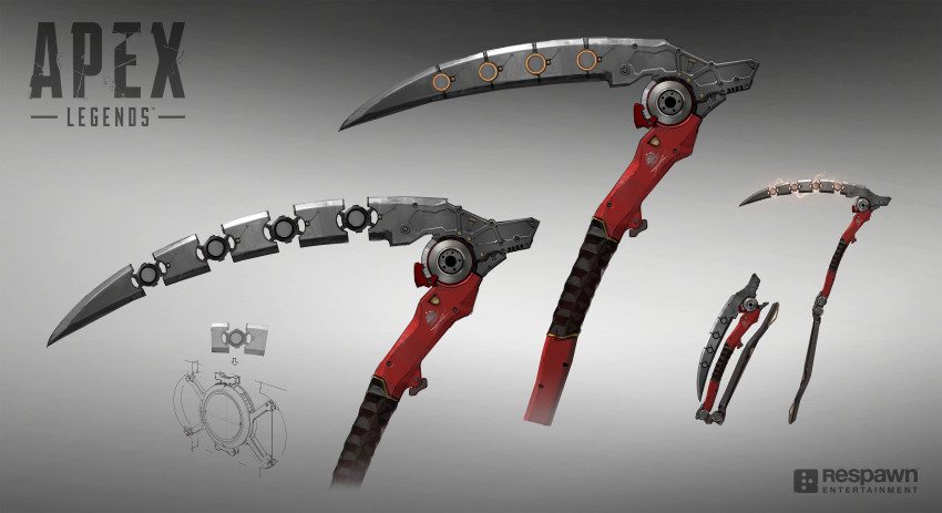 absurdres, apex_legends, arrow_(symbol), company_name, concept_art, copyright_name, electricity, grey_background, highres, logo, multiple_views, no_humans, official_art, prog_(progwwww), science_fiction, scythe, weapon, weapon_focus