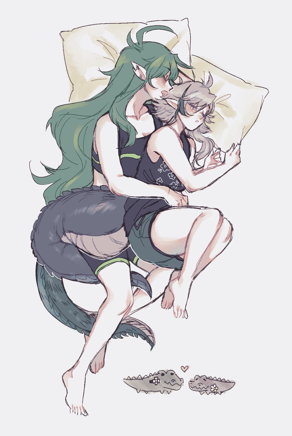 2girls, ahoge, arknights, black_shirt, black_shorts, collarbone, commentary, crocodilian_tail, crop_top, cuddling, english_commentary, closed_eyes, full_body, gavial_(arknights), green_hair, green_shorts, grey_hair, height_difference, highres, long_hair, lying, multicolored_hair, multiple_girls, on_side, open_mouth, orz_(kagewaka), pillow, pointy_ears, shirt, shorts, sleeping, spooning, streaked_hair, tail, thighs, tomimi_(arknights), very_long_hair, yuri